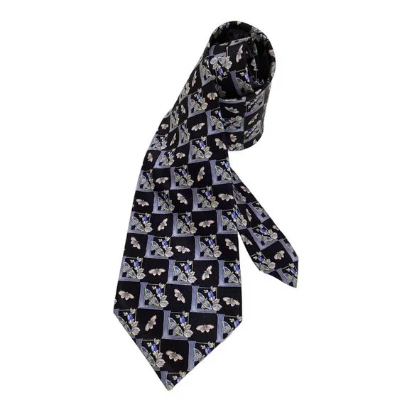 LEONARD PARIS Black Butterfly Print Silk Tie Made In Italy 59-3.75 EX COND